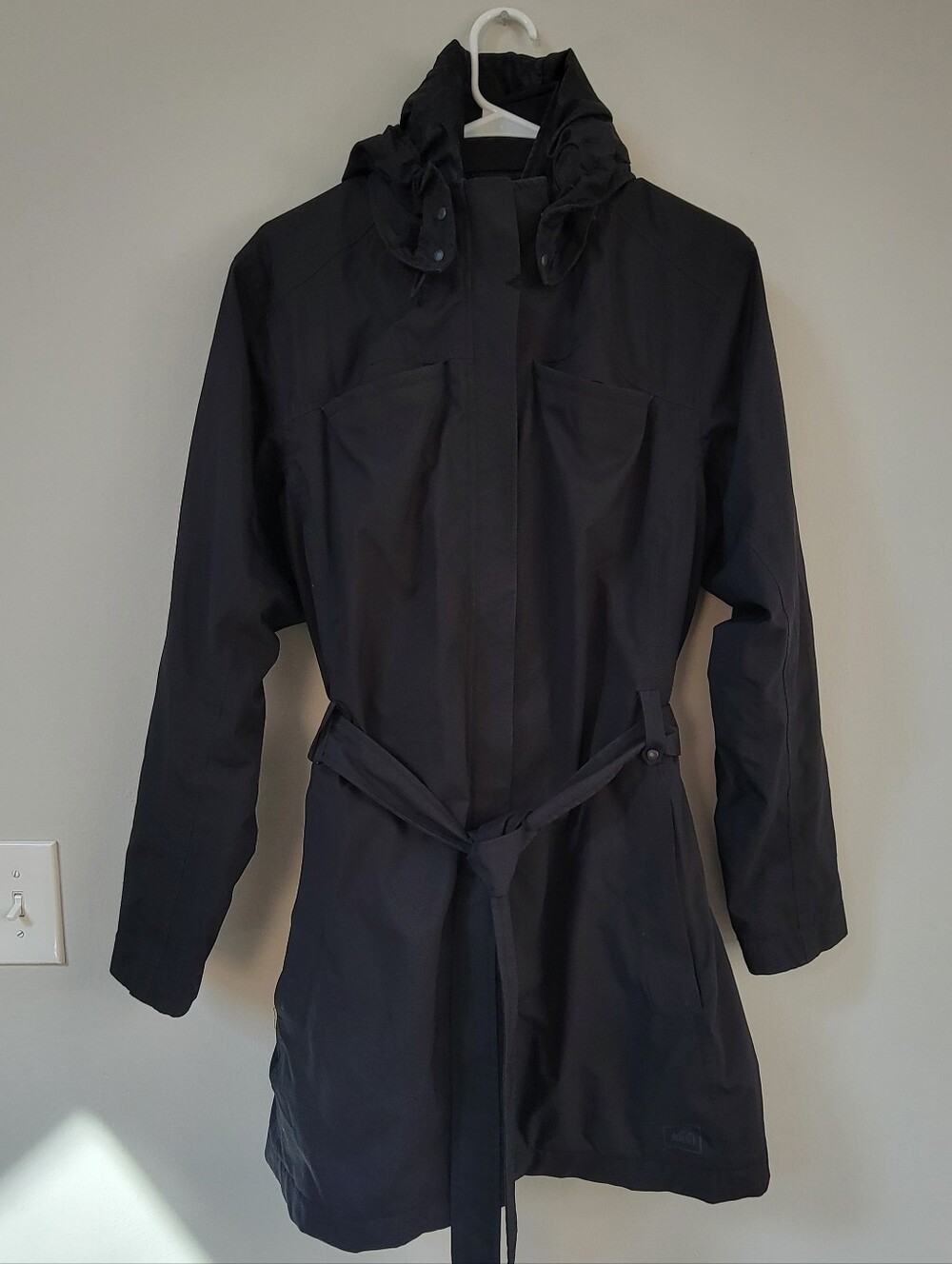 REI Black Trench Pea Coat Midlength Hooded Women Size XL Outdoor Gorpcore
